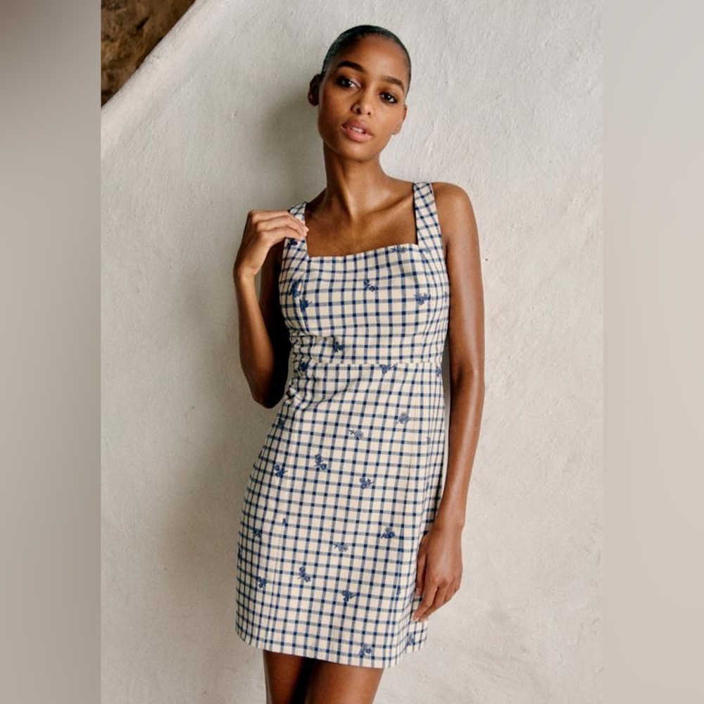 NWT Sézane Dorothe Dress Blue Floral Embroidery on Vichy Fabric Organic Cotton - Picture 2 of 12